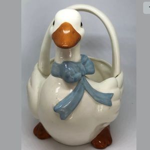 Ceramic Duck with Blue Ribbon Planter Japan.